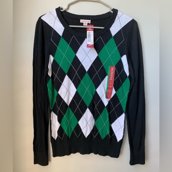 MERONA Black White Green Argyle Front Long Sleeve Cotton Rayon Nylon Sweater - Picture 2 of 8